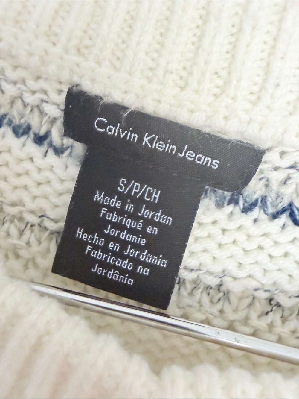 Calvin Klein Coastal-Style Textured Crewneck Sweater Cream Navy Stripes Sz SP - Picture 4 of 5